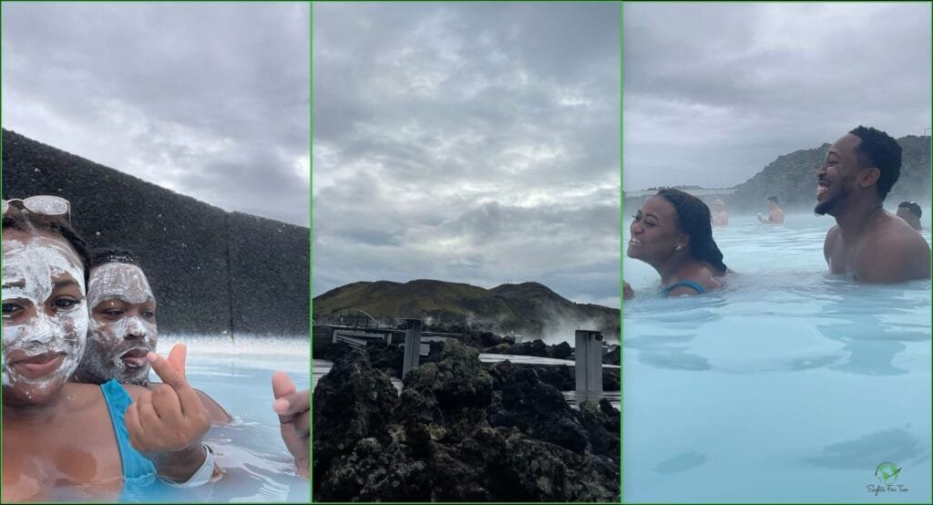 A three-panel image capturing a visit to the Blue Lagoon in Iceland: Left Panel: A couple with facial masks applied, relaxing in the geothermal waters of the Blue Lagoon, making heart-shaped hand gestures. Center Panel: A scenic view of the surrounding volcanic landscape with steam rising from the hot springs, under a cloudy sky. Right Panel: The couple enjoying the warm, milky blue waters, smiling and laughing, with other visitors visible in the background.
