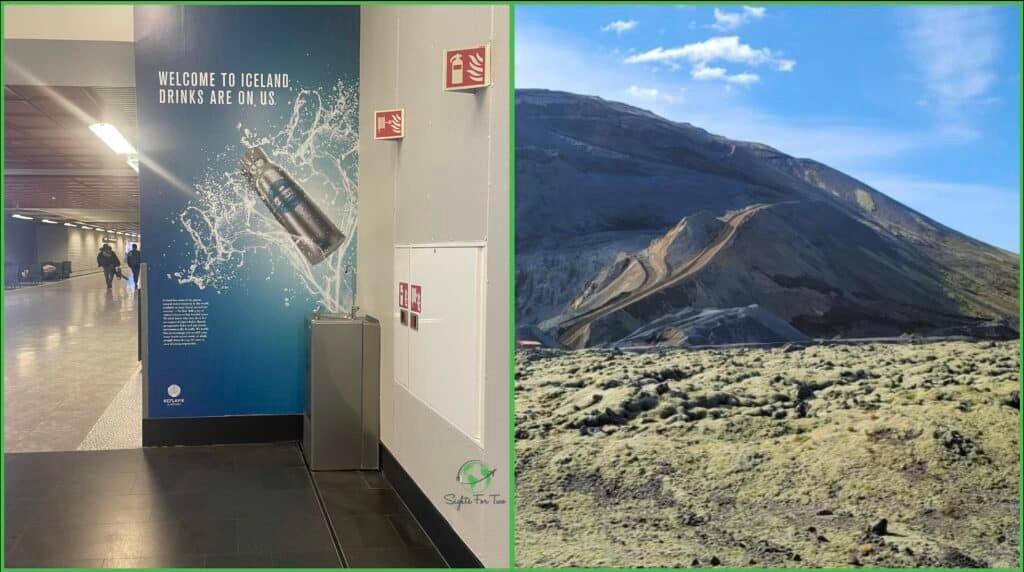 A two-panel image: 1. Left Panel: An airport corridor in Iceland with a large blue poster that reads, “Welcome to Iceland. Drinks are on us.” The poster features a water bottle with splashing water, and a water fountain is positioned below it. The hallway is dimly lit with a few travelers walking in the background. 2. Right Panel: A scenic landscape in Iceland featuring a rugged mountain with a winding road leading up its slope. The foreground is covered in mossy, rocky terrain, typical of Iceland’s volcanic landscape, under a clear blue sky with a few clouds.