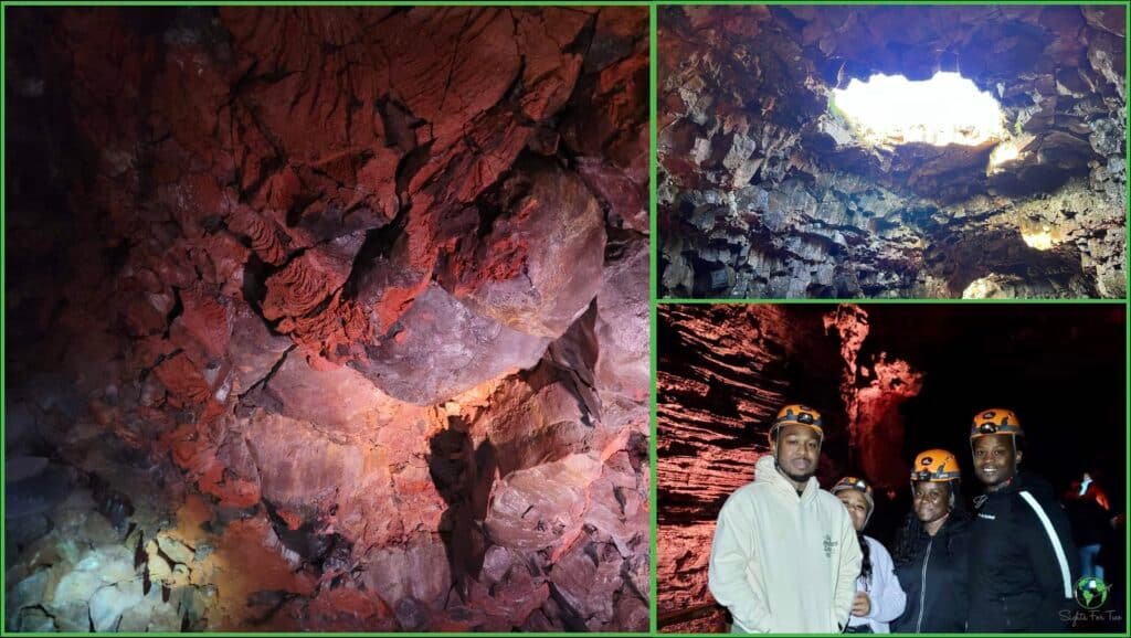 A three-panel image showcasing an adventure inside Raufarholshellir Lava Tunnel, a volcanic cave: Left Panel: A close-up of the cave’s rugged interior, displaying layers of reddish-brown volcanic rock with intricate textures, illuminated by soft lighting that highlights the natural formations. Top Right Panel: A view looking up from inside the cave towards an opening that allows daylight to pour in, illuminating the rough, jagged rocks surrounding the skylight. Bottom Right Panel: A group photo of four people wearing helmets and headlamps, standing inside the cave with the vibrant red and brown cave walls behind them. They are smiling.