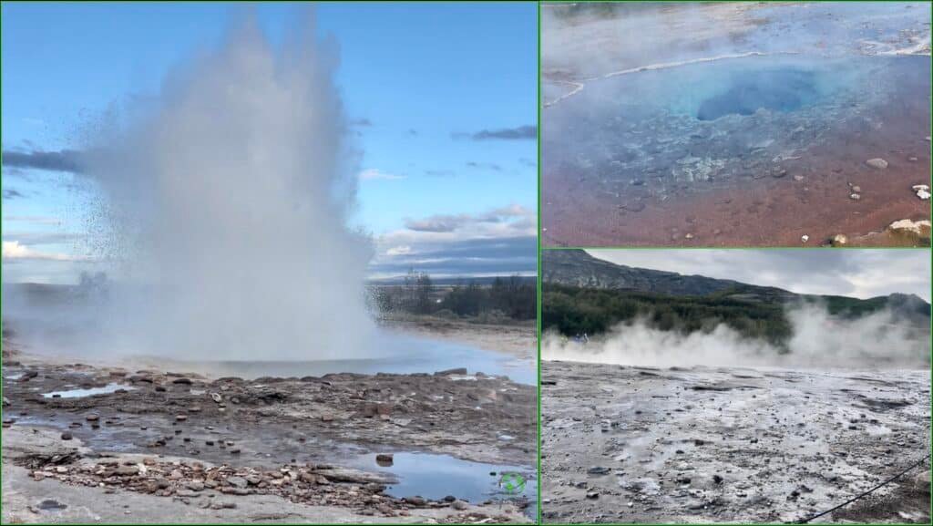 A collage of images capturing the Strokkur Geysir and geothermal area in Iceland: Left Panel: A powerful eruption of the Strokkur Geysir, shooting a plume of water and steam high into the air against a backdrop of a clear blue sky and distant landscape. Top Right Panel: A close-up view of a hot spring with crystal-clear blue water, surrounded by reddish-brown earth, with steam gently rising from the surface. Bottom Right Panel: A misty geothermal landscape with steam rising from the ground, set against a backdrop of green hills and a cloudy sky. Visitors can be seen in the distance, exploring the unique terrain.