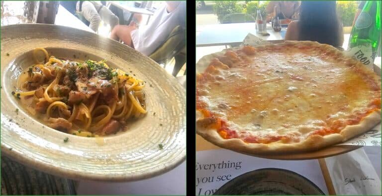 Images of cheese pizza and plated pasta