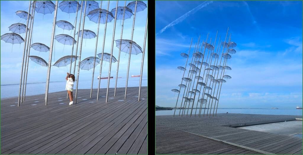 The Umbrellas, a striking structure by renowned Greek sculptor Giorgios Zongolopoulos. This iconic artwork features 40 stainless steel umbrellas, each standing 42.65 ft (13 meter) tall.