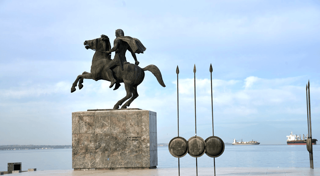 Statue of Alexander the Great, located along the seafront, an iconic symbol of Thessaloniki. It depicts Alexander riding his famous horse, Bucephalus